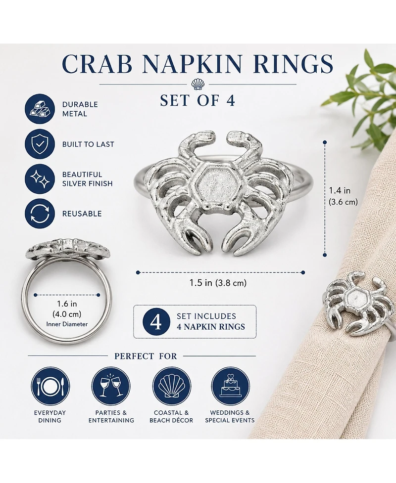 Dainty Home Crab Napkin Rings Set of 4, Silver Metal Table Decor