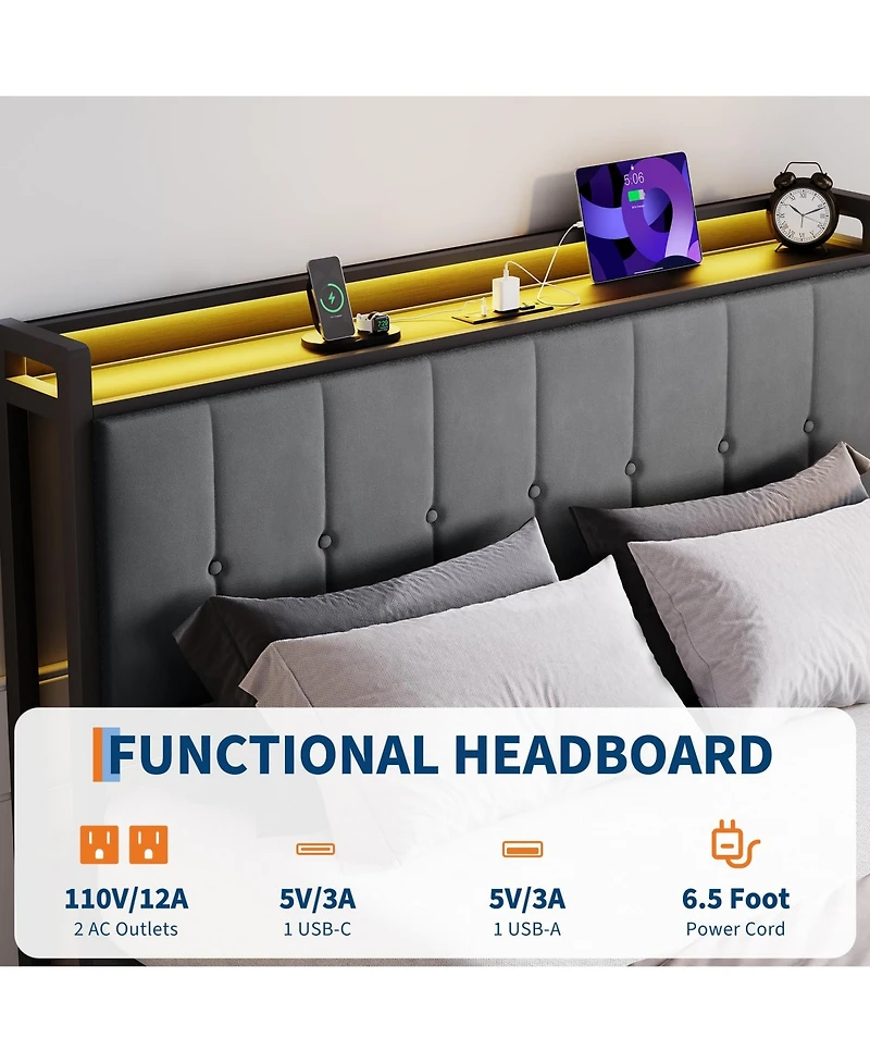 gaomon Upholstered Bed Frame with Lift Up Storage, Storage Bed Frame, Metal Platform Bed, No Box Spring Needed, Noise Free, Full Queen King