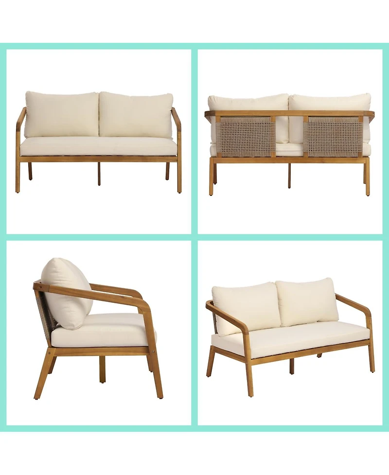 Asagikoiai 4-Piece Outdoor Acacia Wood Conversation Set, Pe Wicker Loveseat and Club Chairs