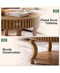 Tribesigns 31.5-In Round Coffee Table, Farmhouse 2-Tier Center Table with Storage, Fluted Solid Wood Cocktail Table for Living Room