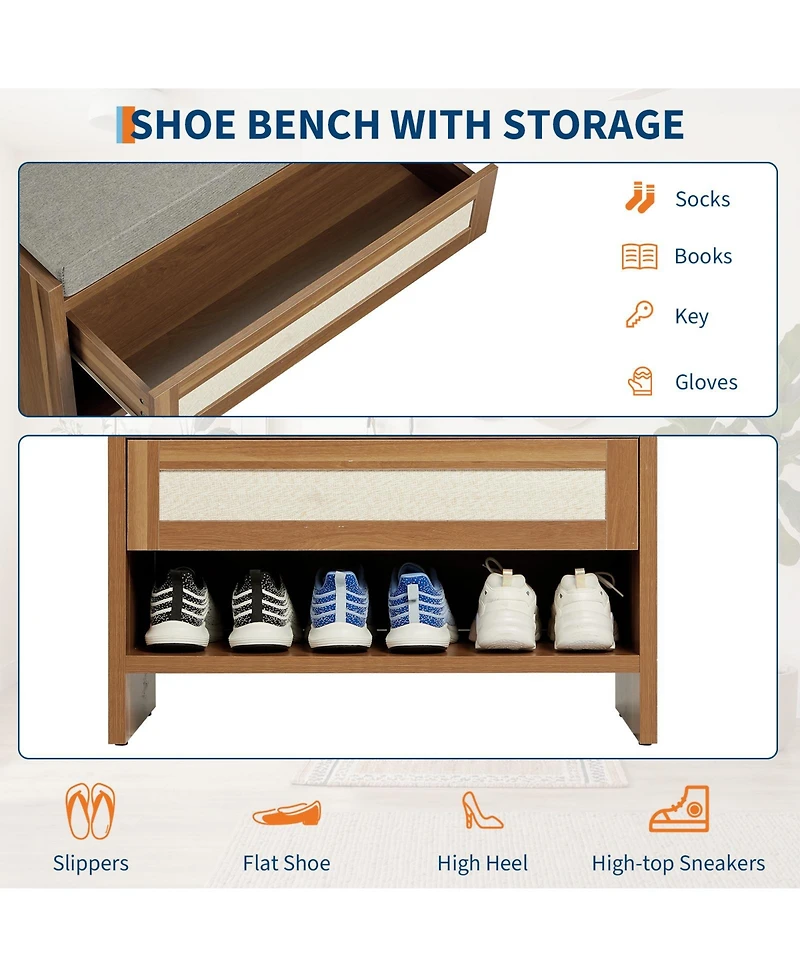 gaomon Farmhouse Rattan Entryway Shoe Bench with Storage Drawer for Hallway, Bedroom and Mudroom