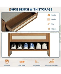 gaomon Farmhouse Rattan Entryway Shoe Bench with Storage Drawer for Hallway, Bedroom and Mudroom