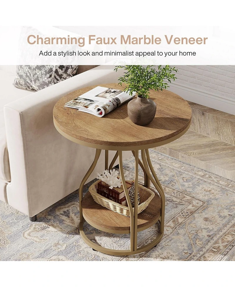 Tribesigns Round Side End Table: 2-tier modern bedside table with metal frame, Small nightstand with storage for couch side, living room
