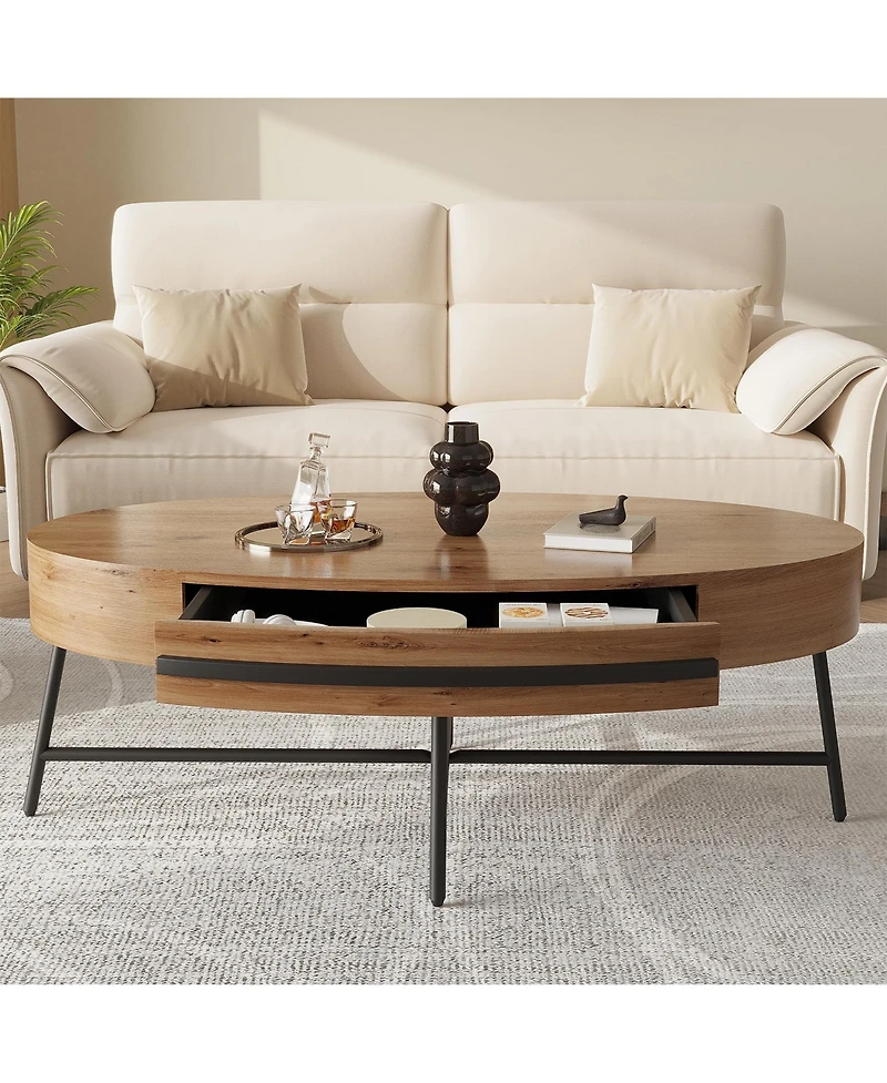 homfan Mid-Century Modern Oval Coffee Table with Drawer - 47.2" Wooden Center Table with Cross Metal Legs, Ample Storage and Curved Design