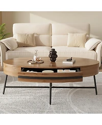 homfan Mid-Century Modern Oval Coffee Table with Drawer - 47.2" Wooden Center Table with Cross Metal Legs, Ample Storage and Curved Design