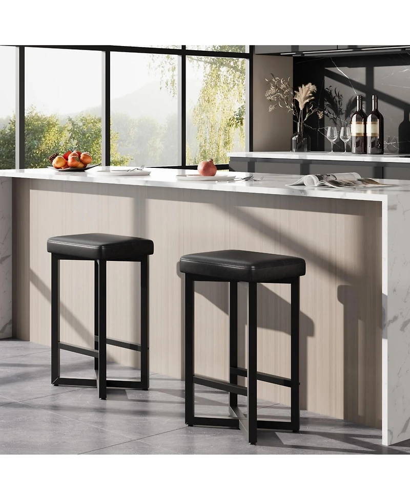 gaomon 24.6" Counter Height Backless Stools, Brown Upholstered Pu Leather Seat, Strong Metal X-Frame and Footrest
