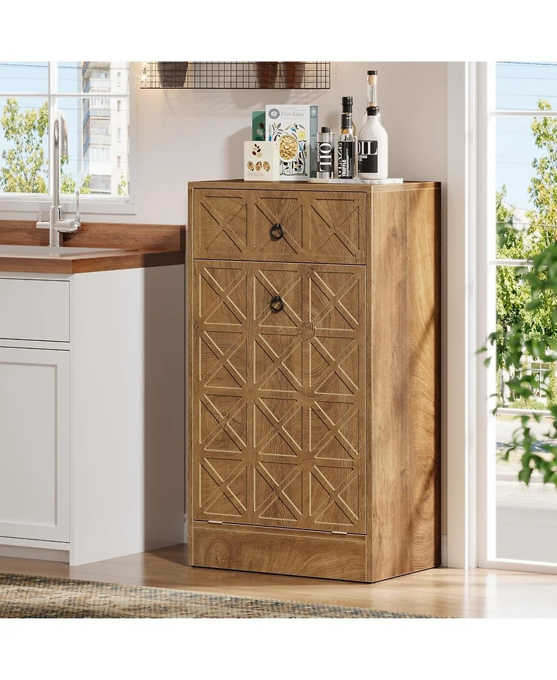 Tribesigns 13 Gallons Tilt Out Trash Can, Hidden Garbage Can Cabinet with Drawer, Wooden Fluted Trash Bin Cabinets for Kitchen Living Room