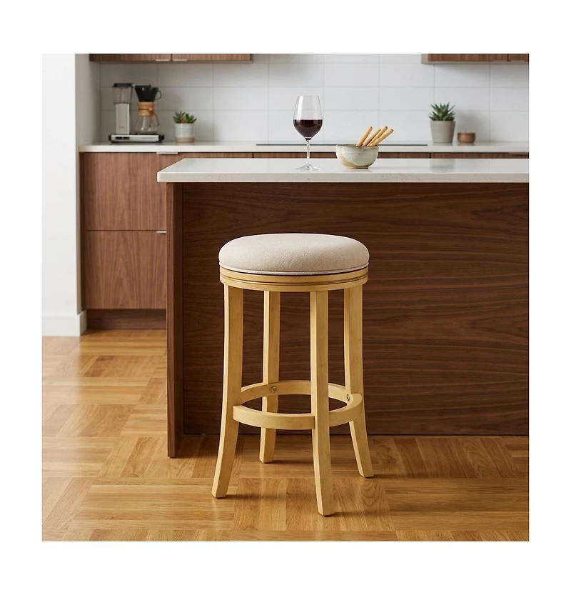 HomeRoots 25" Fabric and Solid Wood Backless Counter Height Swivel Bar Chair