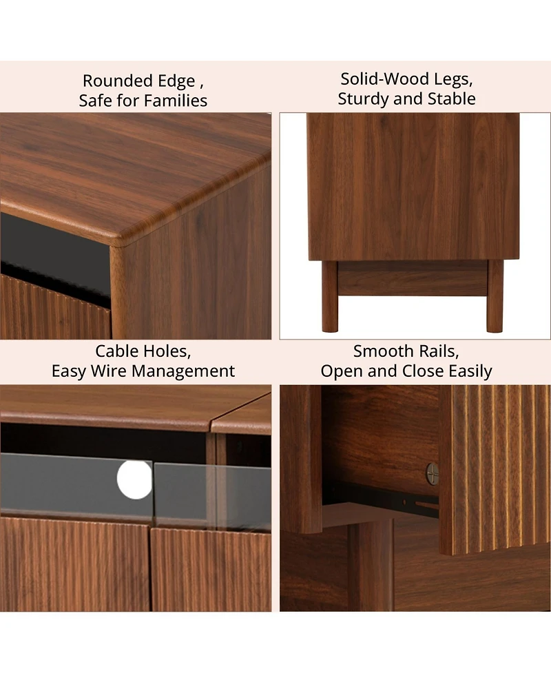 Rainsken 70" Fluted Wood Tv Stand, up to 85 Inch TVs, Media Console Entertainment Center with Glass, for Bedroom, Living Room