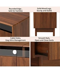 Rainsken 70" Fluted Wood Tv Stand, up to 85 Inch TVs, Media Console Entertainment Center with Glass, for Bedroom, Living Room