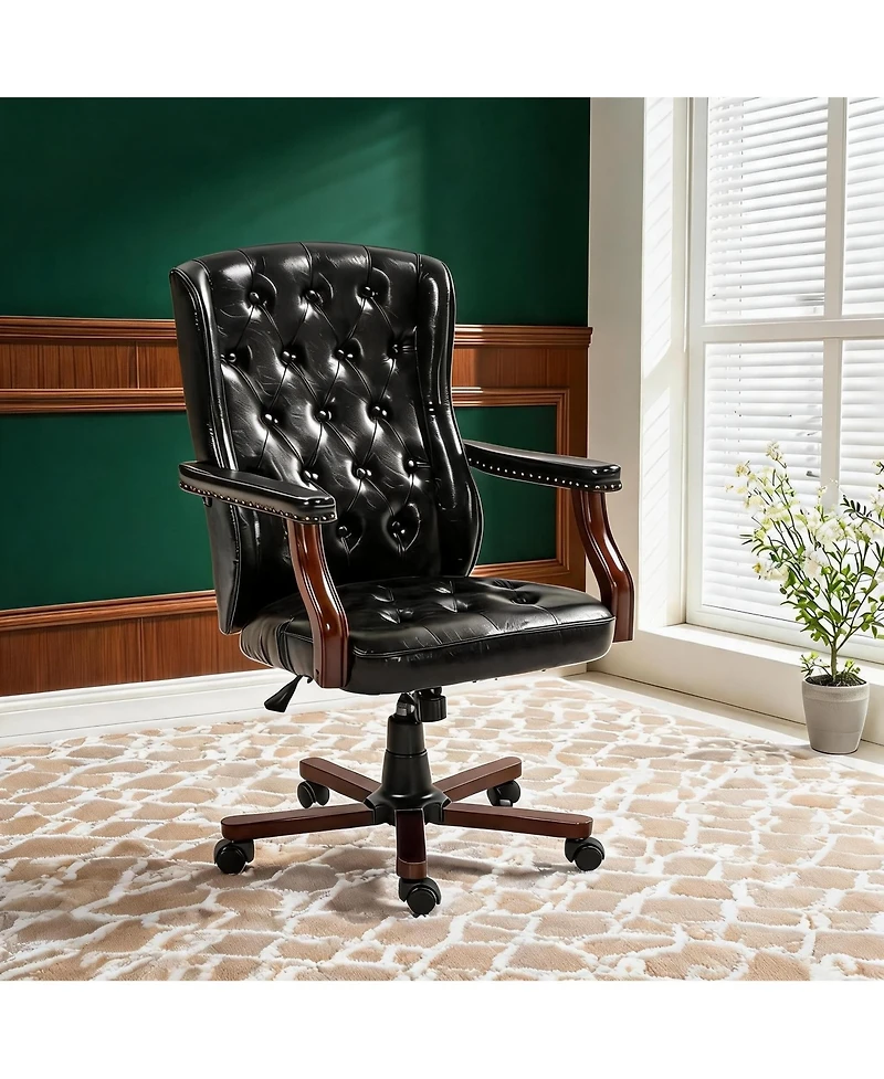 homfan Vintage Wingback Swivel Executive Chair with Thick Cushion, Adjustable Recline, and Wood Base
