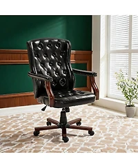 homfan Vintage Wingback Swivel Executive Chair with Thick Cushion, Adjustable Recline, and Wood Base