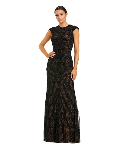 Mac Duggal Petite Beaded Lace Mesh High-Neck Sleeveless Column Gown