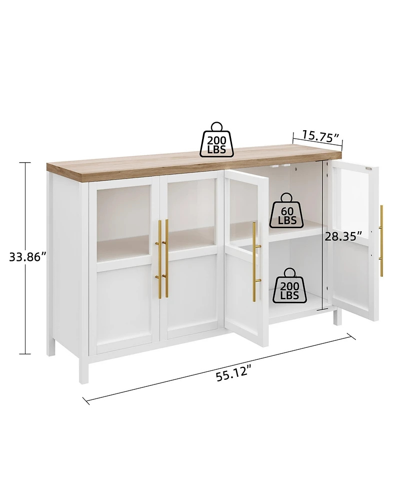 homfan 55" Sideboard Buffet Cabinet – 4 Glass Doors, Coffee and Wine Bar Display Cabinet for Kitchen, Dining Room or Living Room