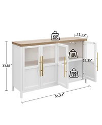 homfan 55" Sideboard Buffet Cabinet – 4 Glass Doors, Coffee and Wine Bar Display Cabinet for Kitchen, Dining Room or Living Room