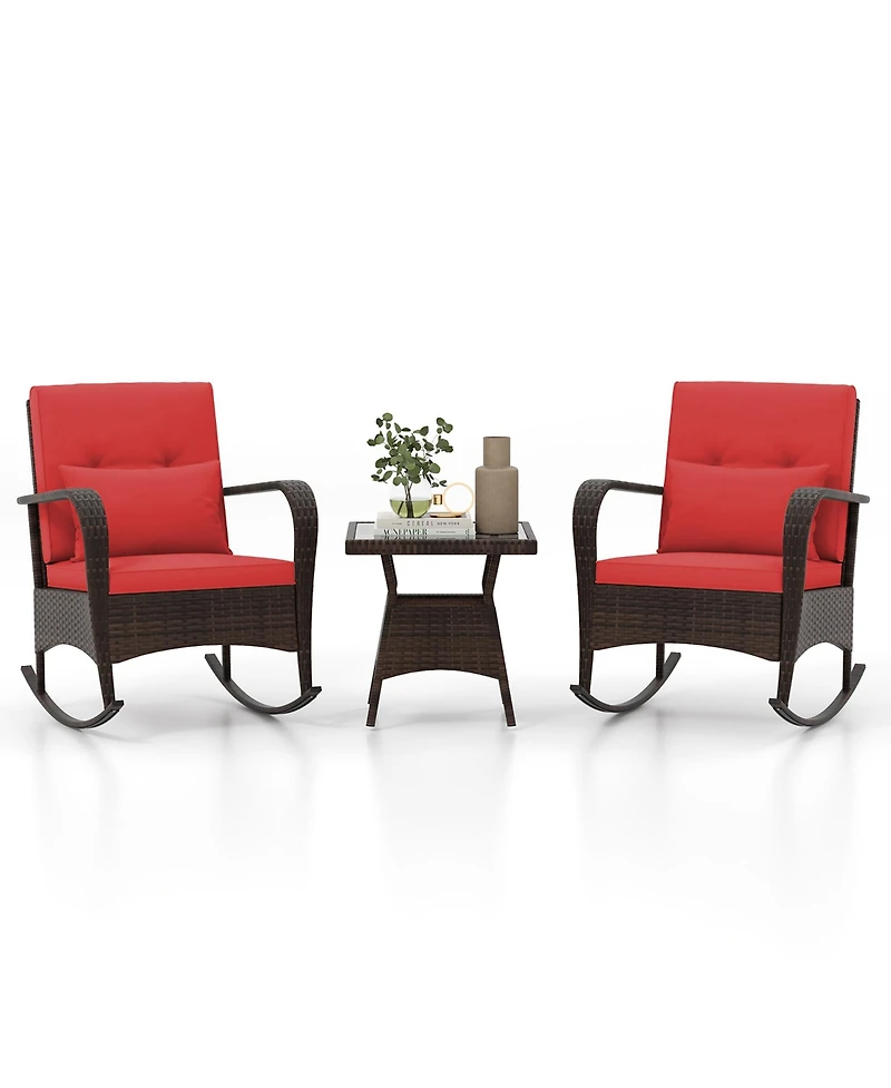Gymax 3 Piece Outdoor Rocking Set Rattan Rocker Chairs w/ Tempered Glass Coffee Table