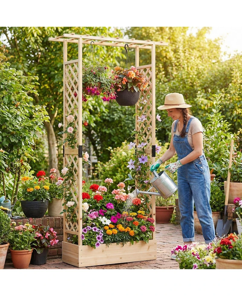 Sugift 89 in Tall Wooden Raised Garden Bed with Side Trellis Hanging Roof Drainage