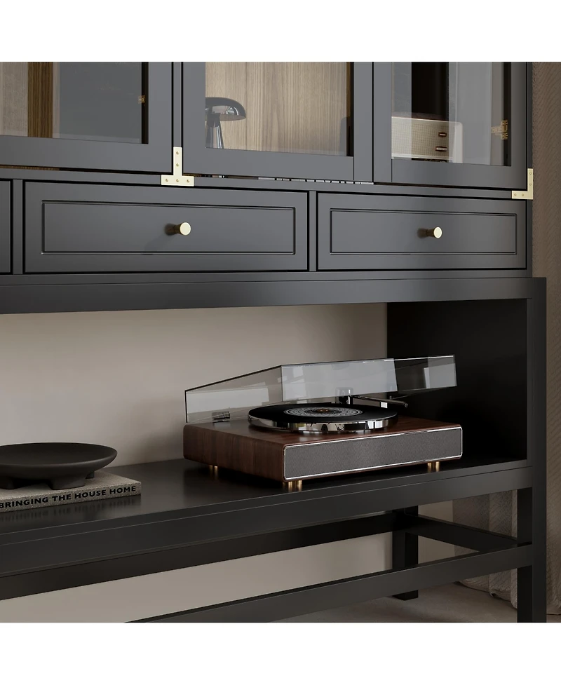 Homsee 66Inch Glass Door Cabinet with 3 Drawers - Industrial Wood and Metal Storage Cabinet