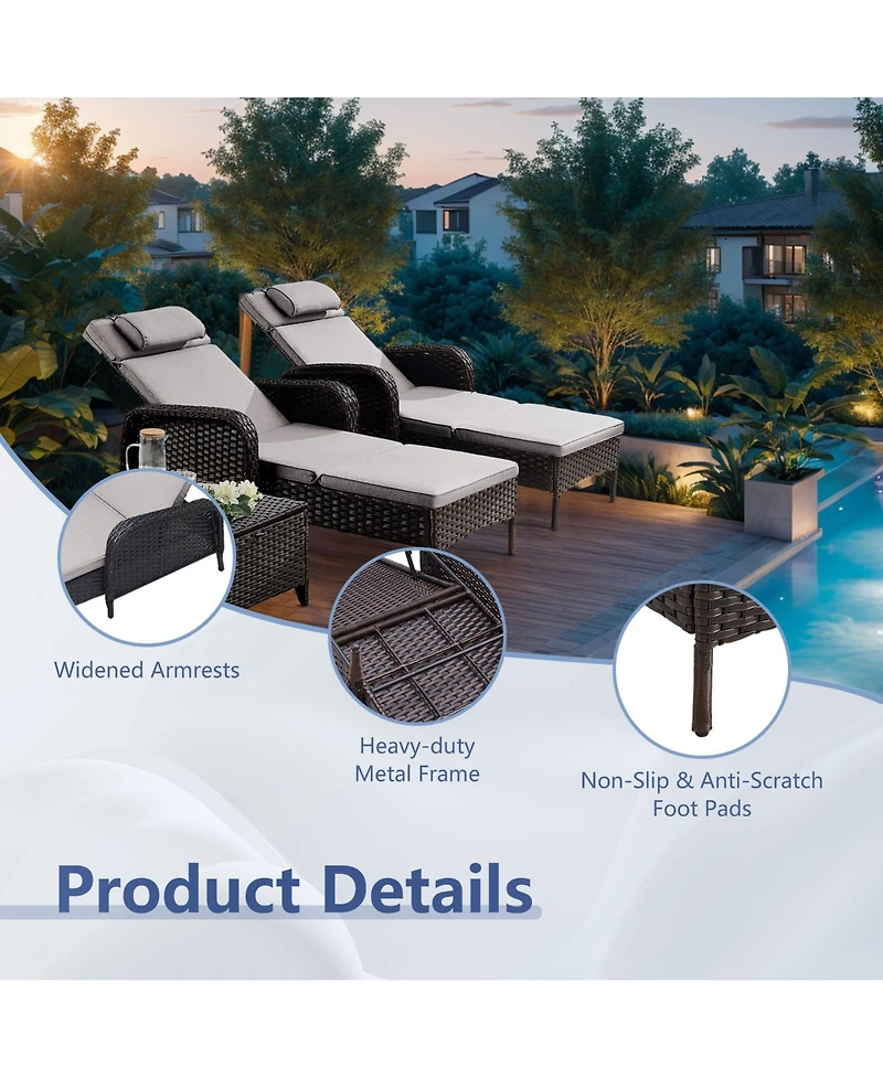 Pocassy Outdoor Wicker Reclining Lounge Chair, Pool Recliner with 5-Position Backrest, Adjustable Seating Chairs for Poolside