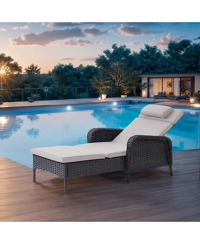 Pocassy Outdoor Wicker Reclining Lounge Chair, Pool Recliner with 5-Position Backrest, Adjustable Seating Chairs for Poolside