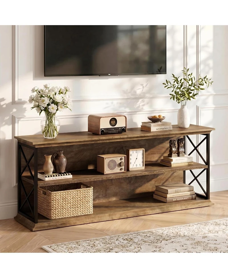 Tribesigns Tv Stand for TVs up to 75": 63" entertainment center with open storage. Wooden rustic media table for living room, bedroom.