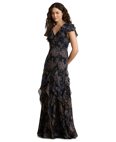 Lauren Ralph Women's Floral Ruffle-Trim Georgette Gown
