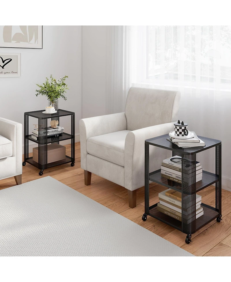 Gymax 2PCS End Table w/Wheels Rolling Side Table w/Open Storage Shelves Metal Frame