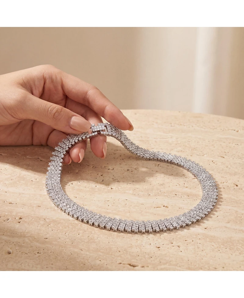 Rachel Glauber White Gold Plated Clear Round Cubic Zirconia Linear Pave Necklace