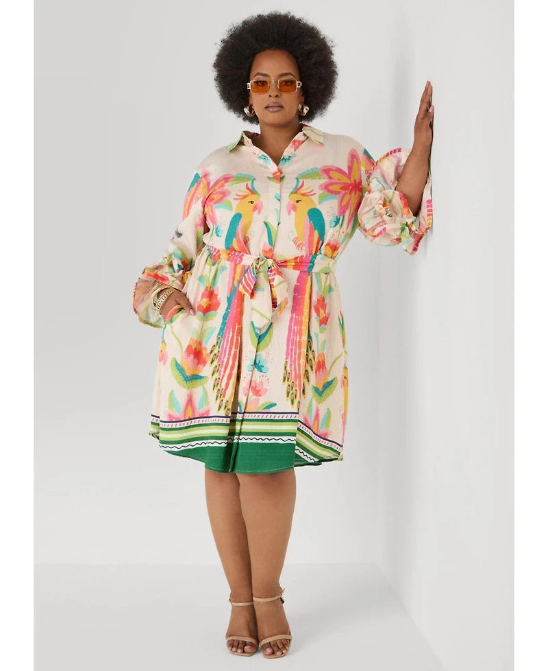 Ashley Stewart Women's Ruffled Parrot Print Shirtdress