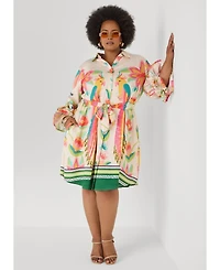 Ashley Stewart Women's Ruffled Parrot Print Shirtdress