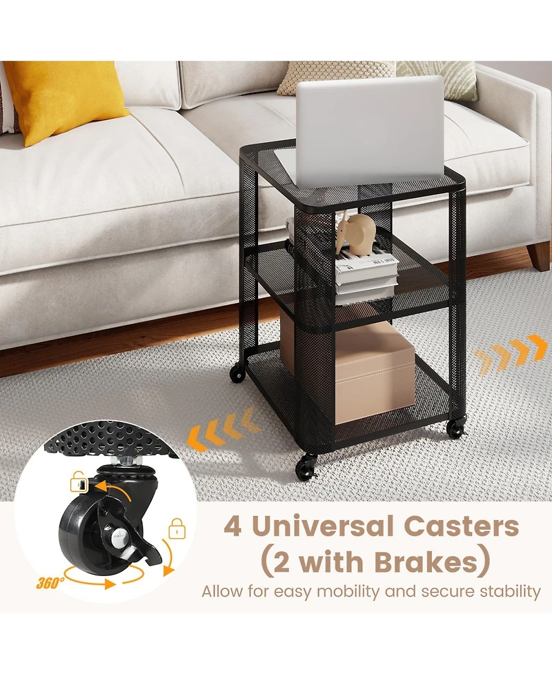 Gymax 3-Tier End Table With Wheels Rolling Side Table With Open Storage Shelves Metal Frame