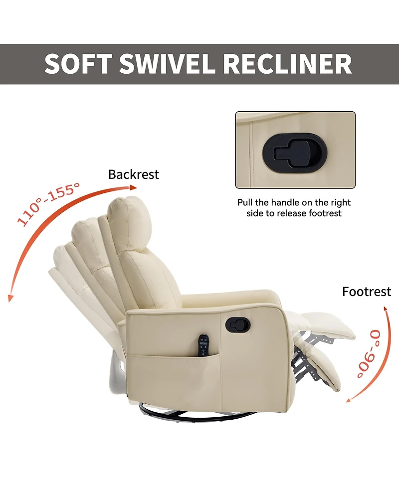 Clihome Heat Massage Manual Recliner Chair with Rocker and Swivel Faux Leather for Living Room
