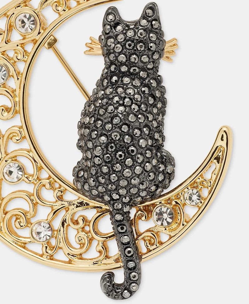 Anne Klein Pave Cat Filigree Moon Pin
