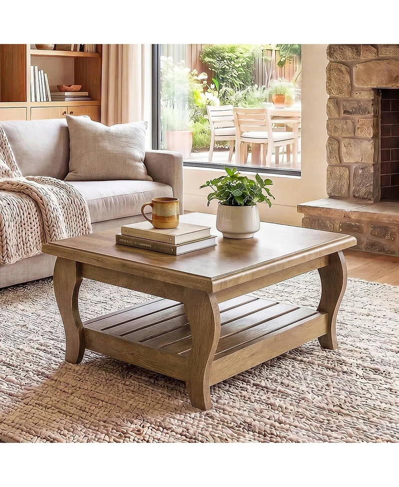 Tribesigns 31.5" Square Coffee Table, 2-Tier Farmhouse Living Room Center Table with Lower Shelf, 31.5" D x 31.5" W, for Apartments, Living Rooms