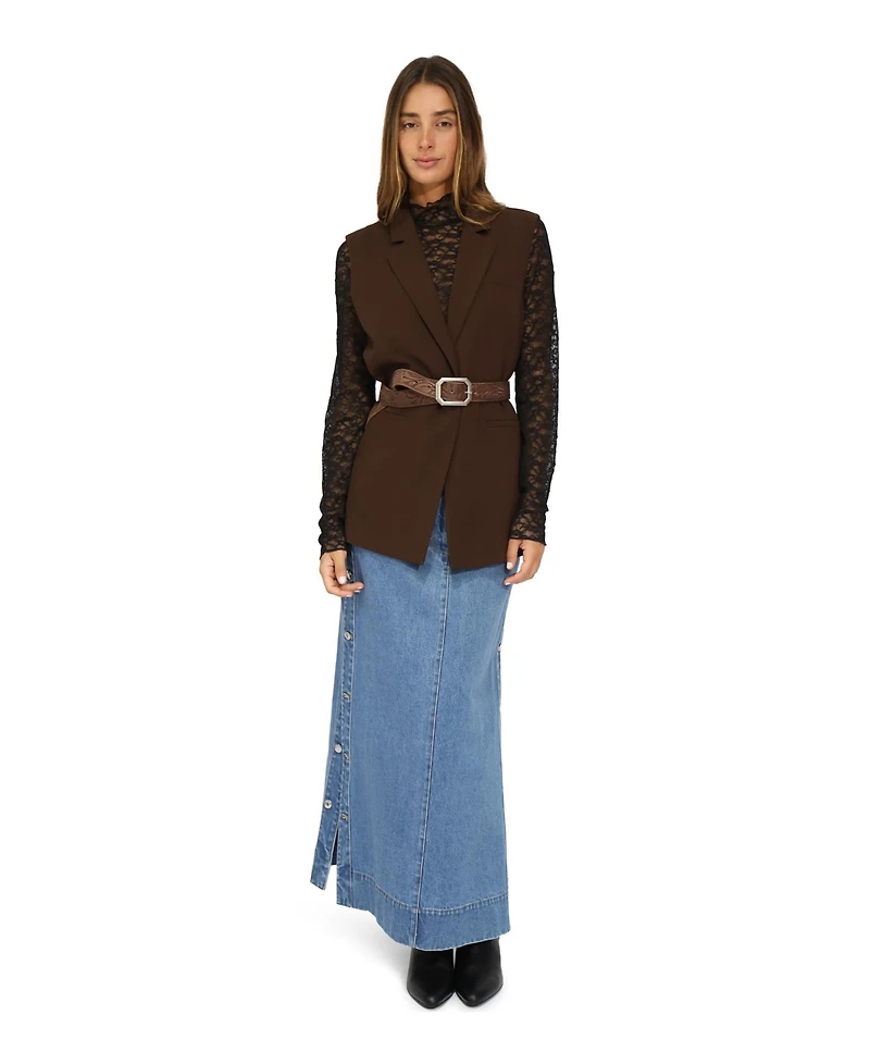 Belle & Bloom Women's Edge Line Denim Maxi Skirt with Side Buttons