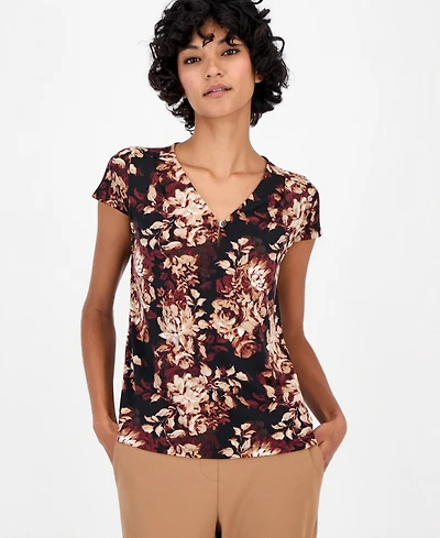 Anne Klein Essentials Petites Cap-Sleeve Pleated V-Neck Blouse