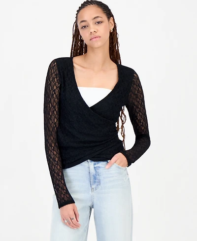 Just Polly Juniors' Lace Surplice Wrap Long-Sleeve Top