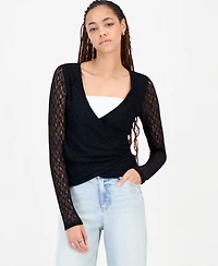 Just Polly Juniors' Lace Surplice Wrap Long-Sleeve Top