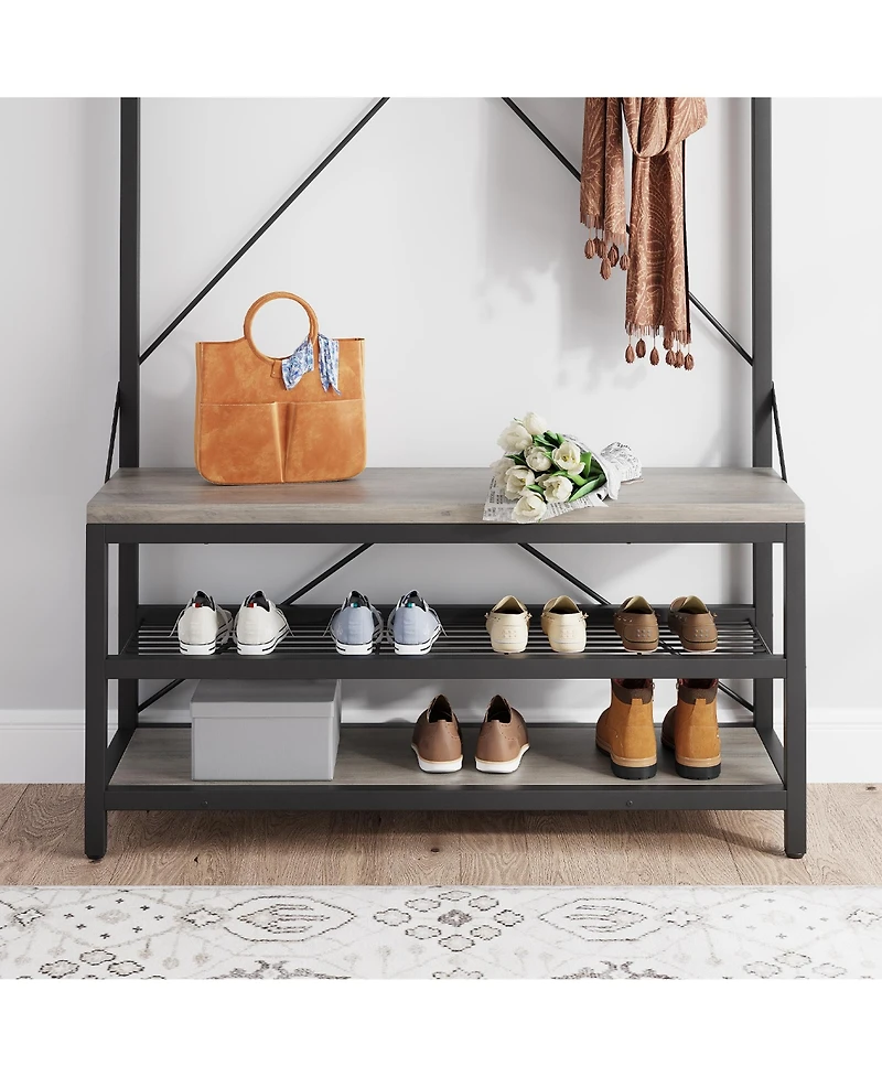 homfan Multifunctional Hall Tree Coat Rack, Heavy Duty Steel Wood Entryway Storage Bench with Hooks and Shelves