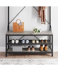 homfan Multifunctional Hall Tree Coat Rack, Heavy Duty Steel Wood Entryway Storage Bench with Hooks and Shelves