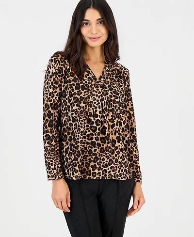 Anne Klein Essentials Petite Long-Sleeve Leopard-Print Blouse