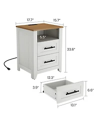 gaomon Set of 2 Farmhouse Nightstand with Charging Station 2 Drawers and Open Shelf, Usb/Type-c/Ac Outlets