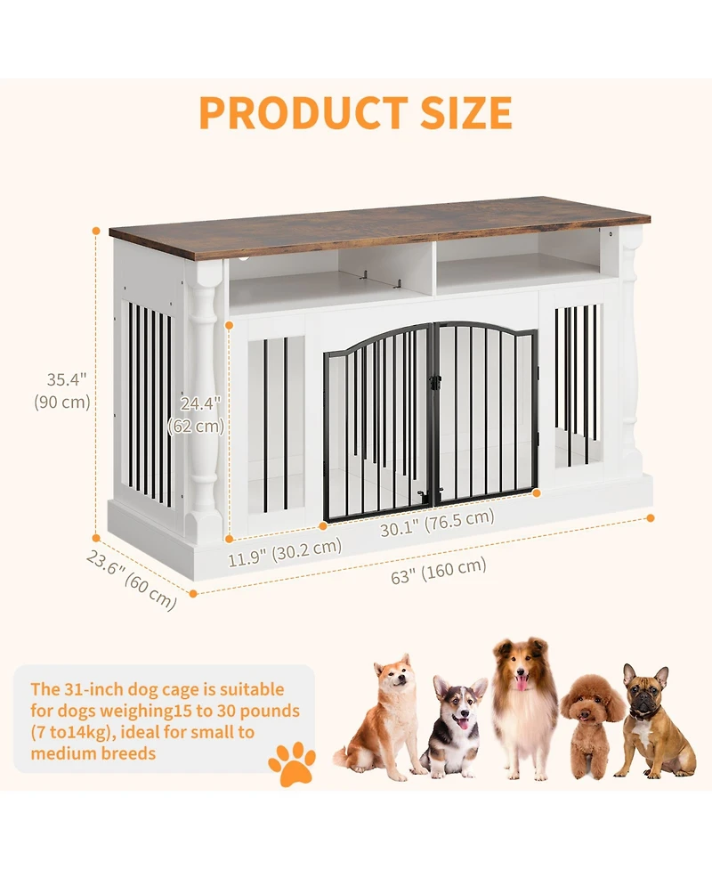63" Large Dog Crate for 2 Dogs, Roman Column Kennel with Open Storage Small Medium Cage Table Tv Stand, Entertainment Center