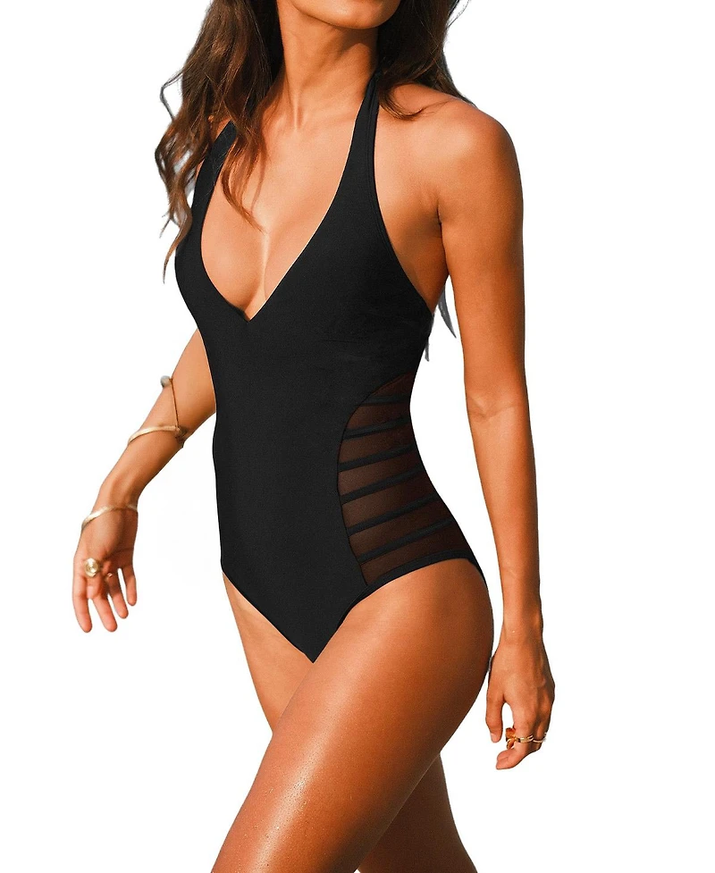 Cupshe Women's Halter Plunging V-Neck Side Mesh One-Piece Swimsuit