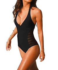 Cupshe Women's Halter Plunging V-Neck Side Mesh One-Piece Swimsuit