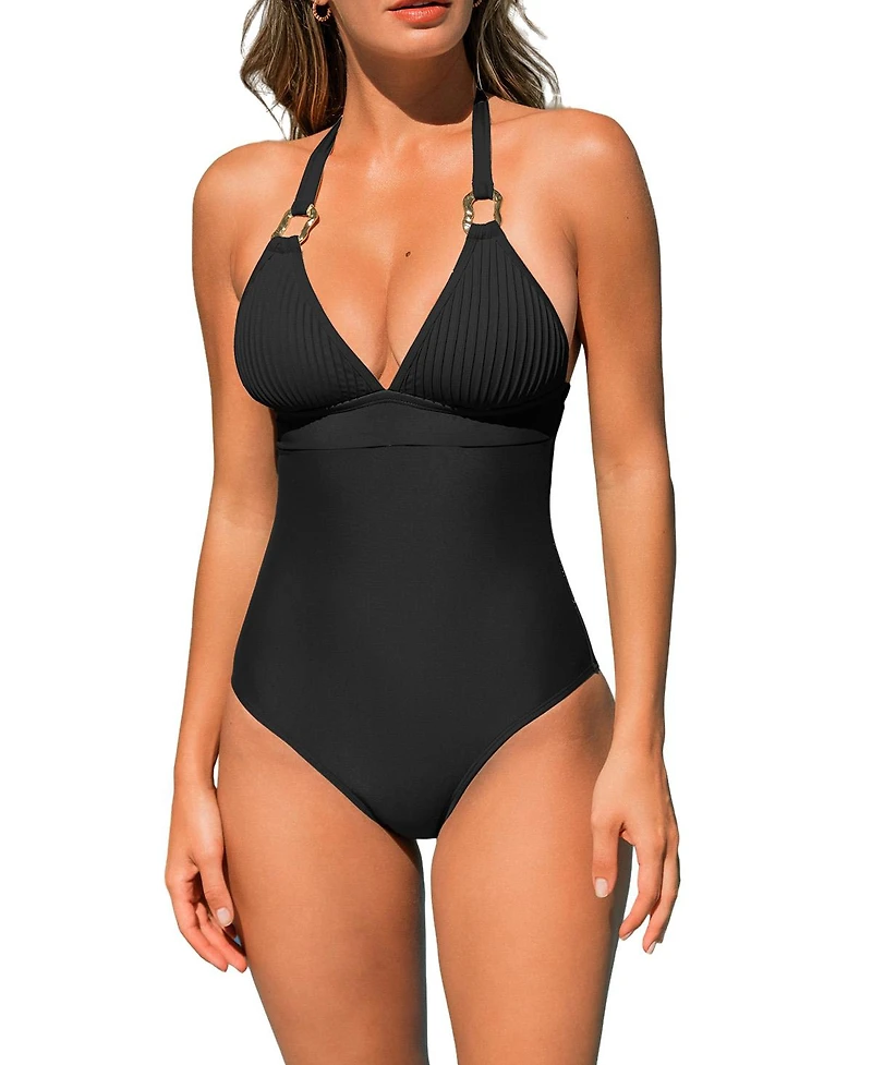 Cupshe Women's Ribbed V-Neck Metal Trim One-Piece Swimsuit