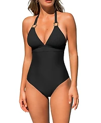 Cupshe Women's Ribbed V-Neck Metal Trim One-Piece Swimsuit