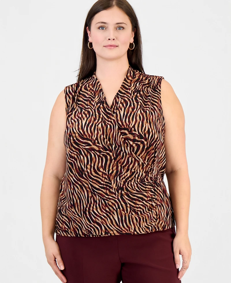 Anne Klein Plus Animal-Print Sleeveless Wrap Top