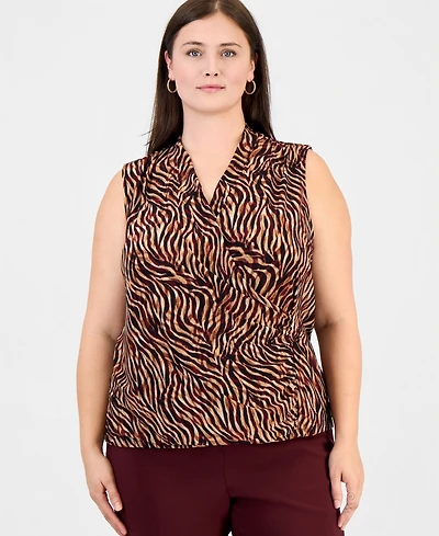 Anne Klein Plus Animal-Print Sleeveless Wrap Top