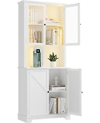 gaomon 72 Inch Tall Kitchen Hutch Cabinet with Glass Doors, 41 Inch Wide Freestanding Storage Cabinet with Charging Station and Led Lights